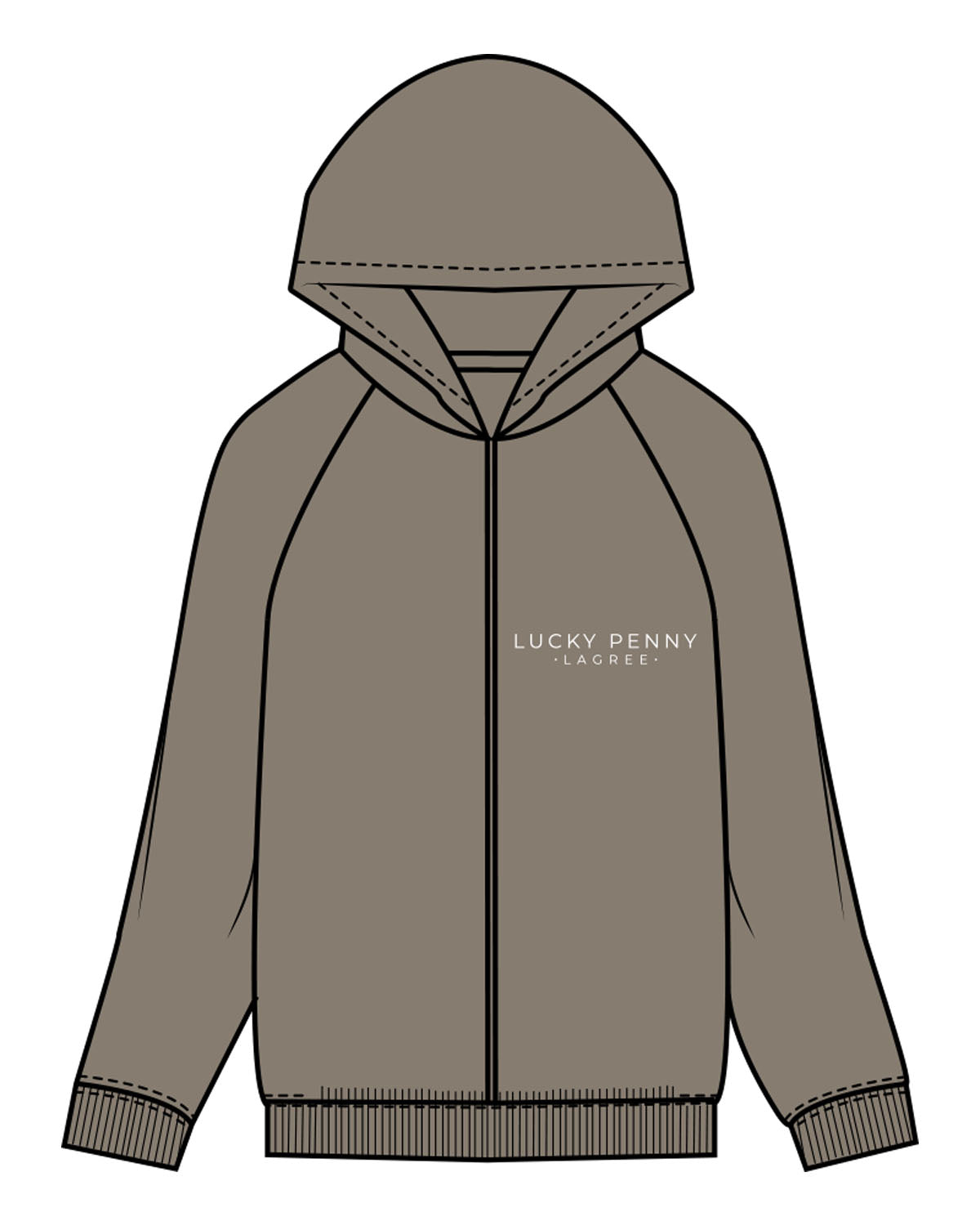 The Recycled Unisex Zip Hoodie - Army - Lucky Penny - Left Chest Stacked & Back Stacked - Printed - White