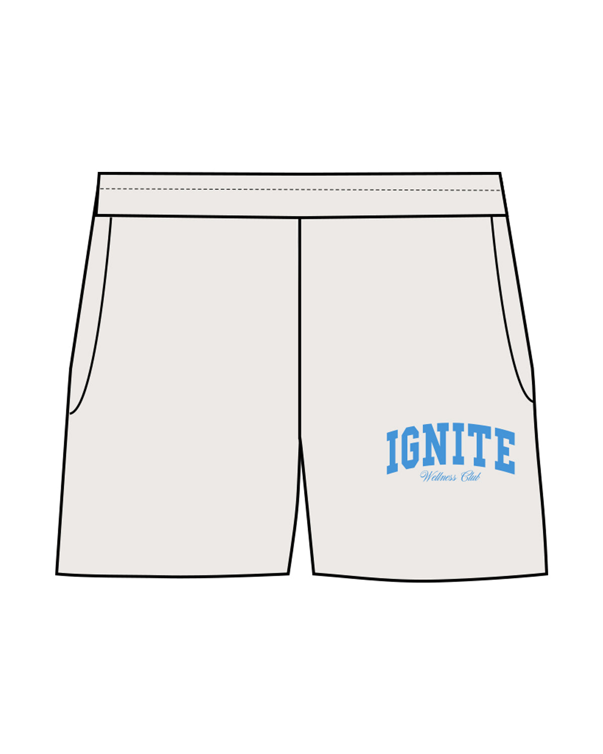 The Womens Sweat Shorts - Bone - Ignite Barre & Fitness - Left Leg Stacked - UCLA Blue Printed