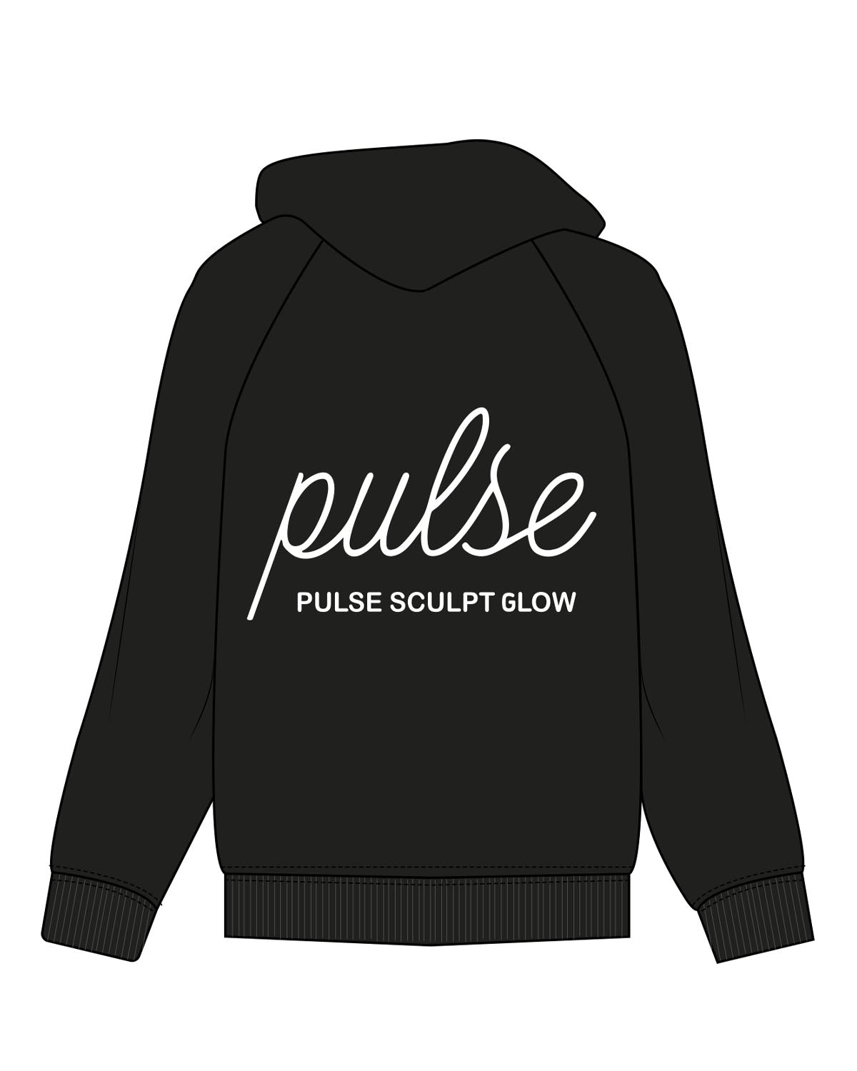 The Womens Zip Hoodie - Black - Pulse Sculpt Glow - Left Chest Stacked & Center Back Stacked - Printed - White