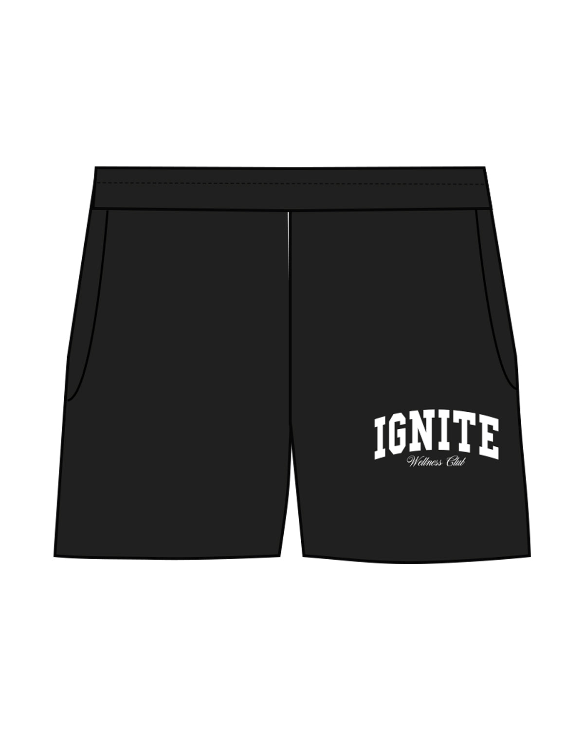 The Womens Sweat Shorts - Black - Ignite Barre & Fitness - Left Leg Stacked - White Printed