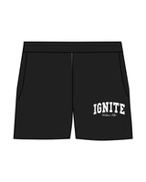 The Womens Sweat Shorts - Black - Ignite Barre & Fitness - Left Leg Stacked - White Printed