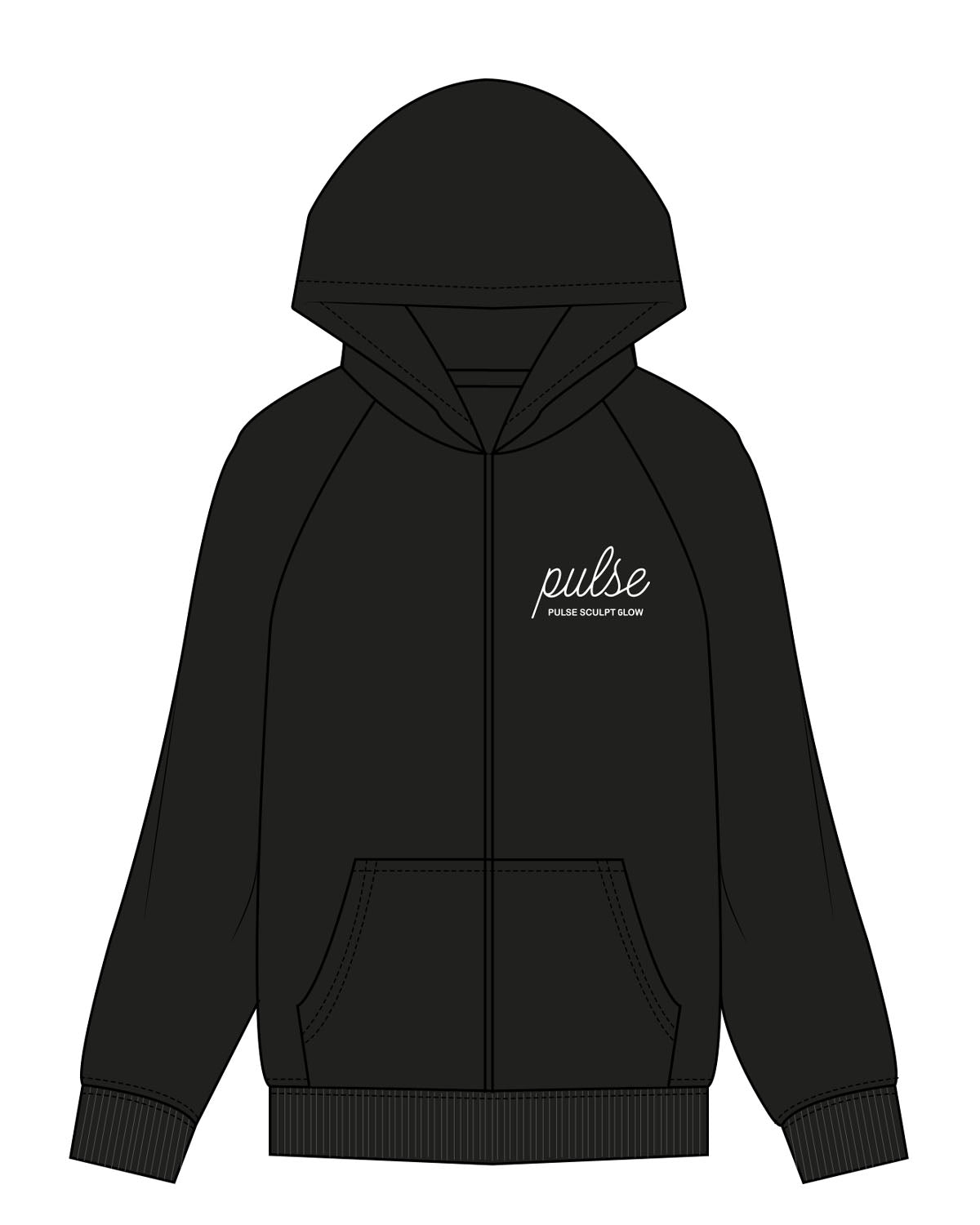 The Womens Zip Hoodie - Black - Pulse Sculpt Glow - Left Chest Stacked & Center Back Stacked - Printed - White