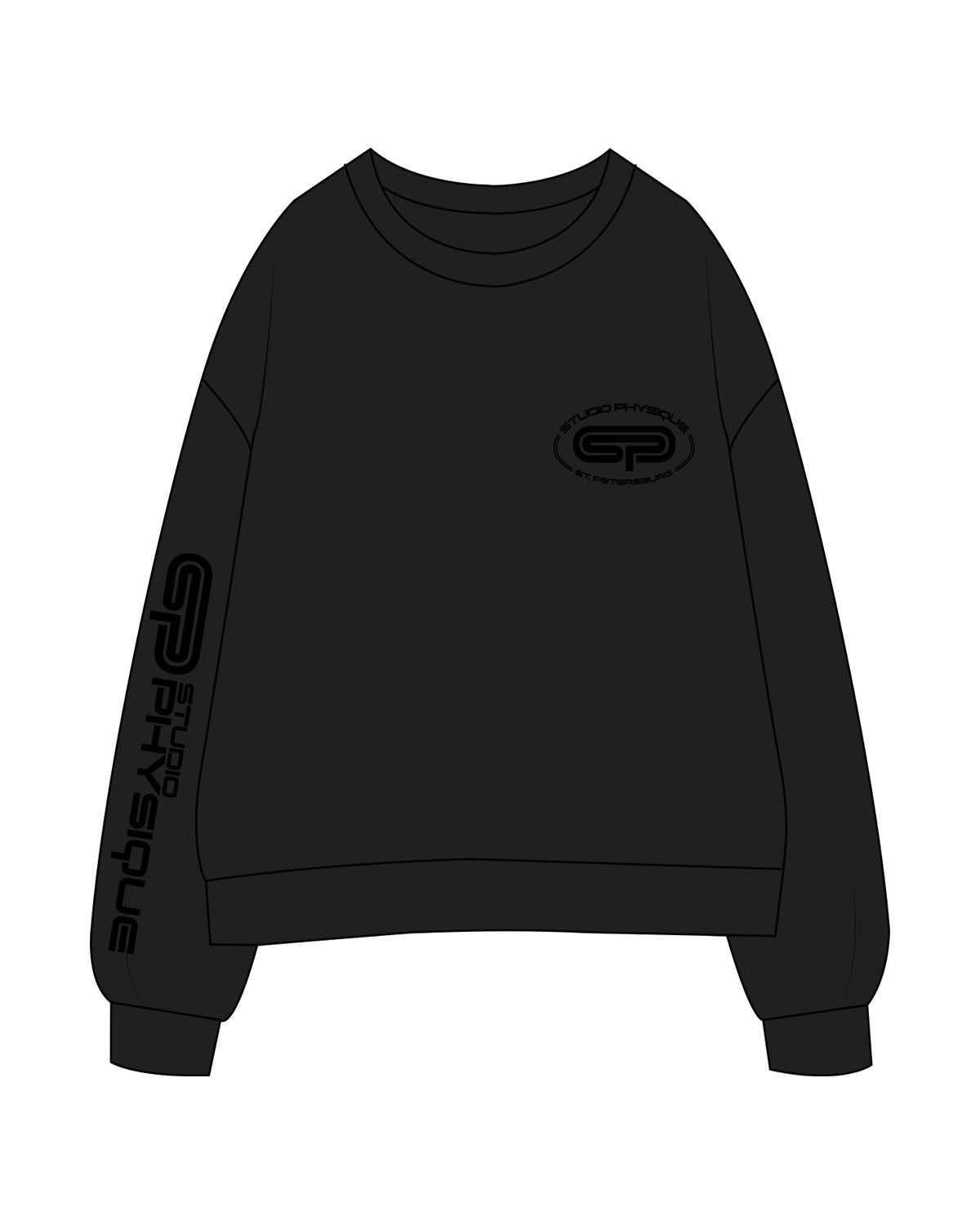 The Womens Crewneck - Black - Studio Physique - Left Chest Oval & Right Sleeve - Printed - Tone on Tone