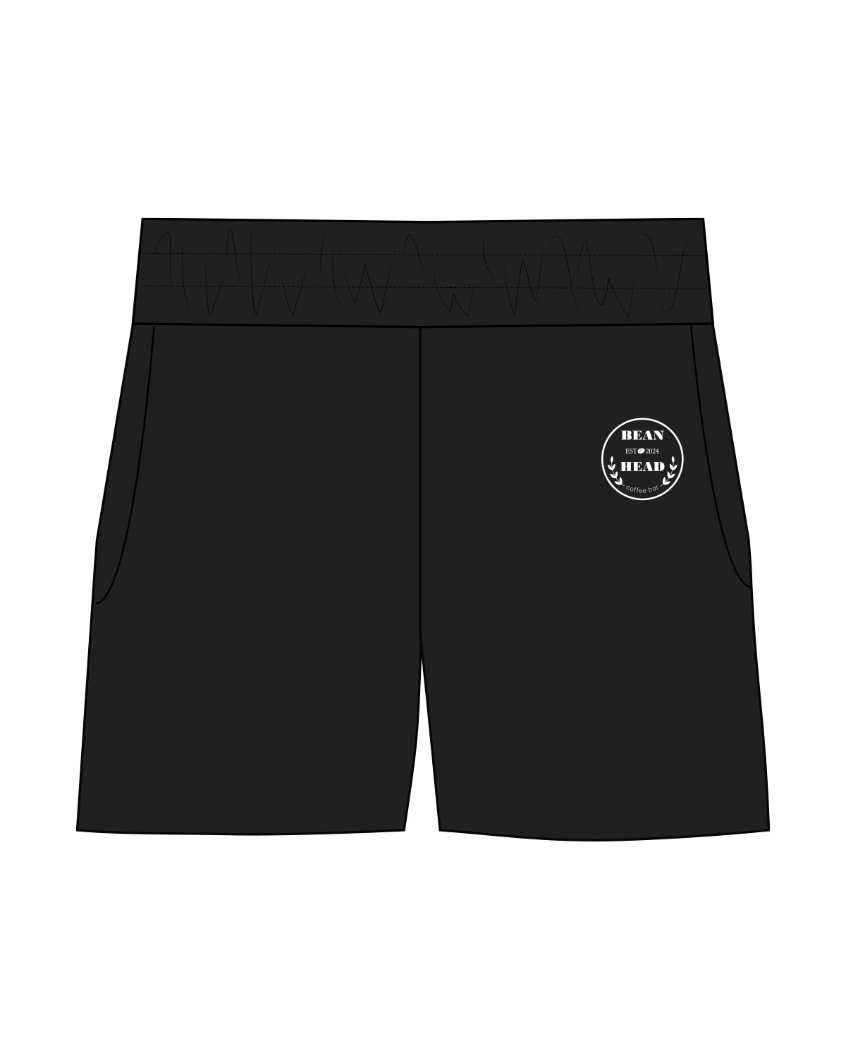 The Womens Sweat Shorts - Black - Bean Head - Left Leg - Beside Pocket - White
