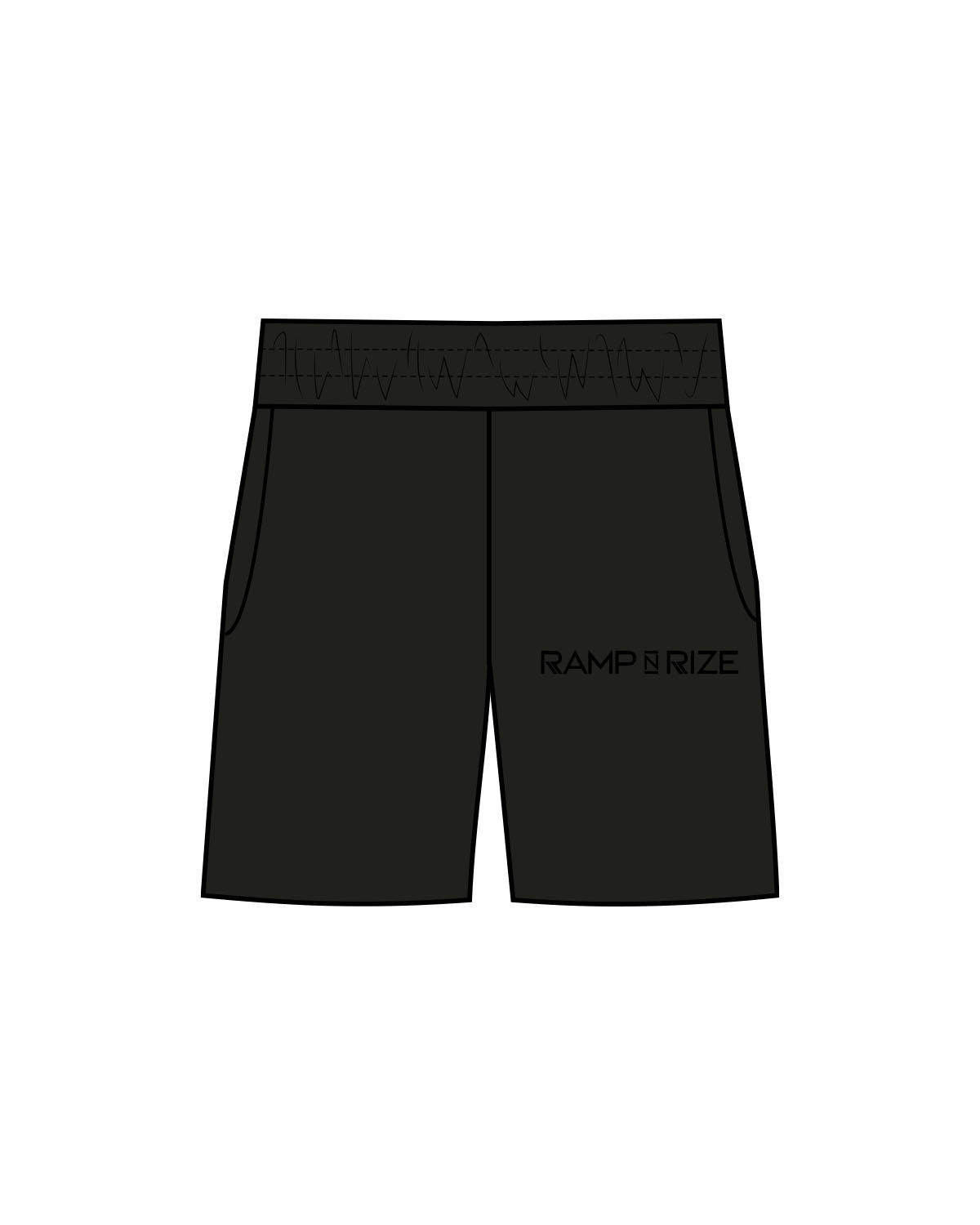 The Mens Sweat Shorts - Black - Ramp N Rize - Left Leg Pocket - Printed - Tone on Tone