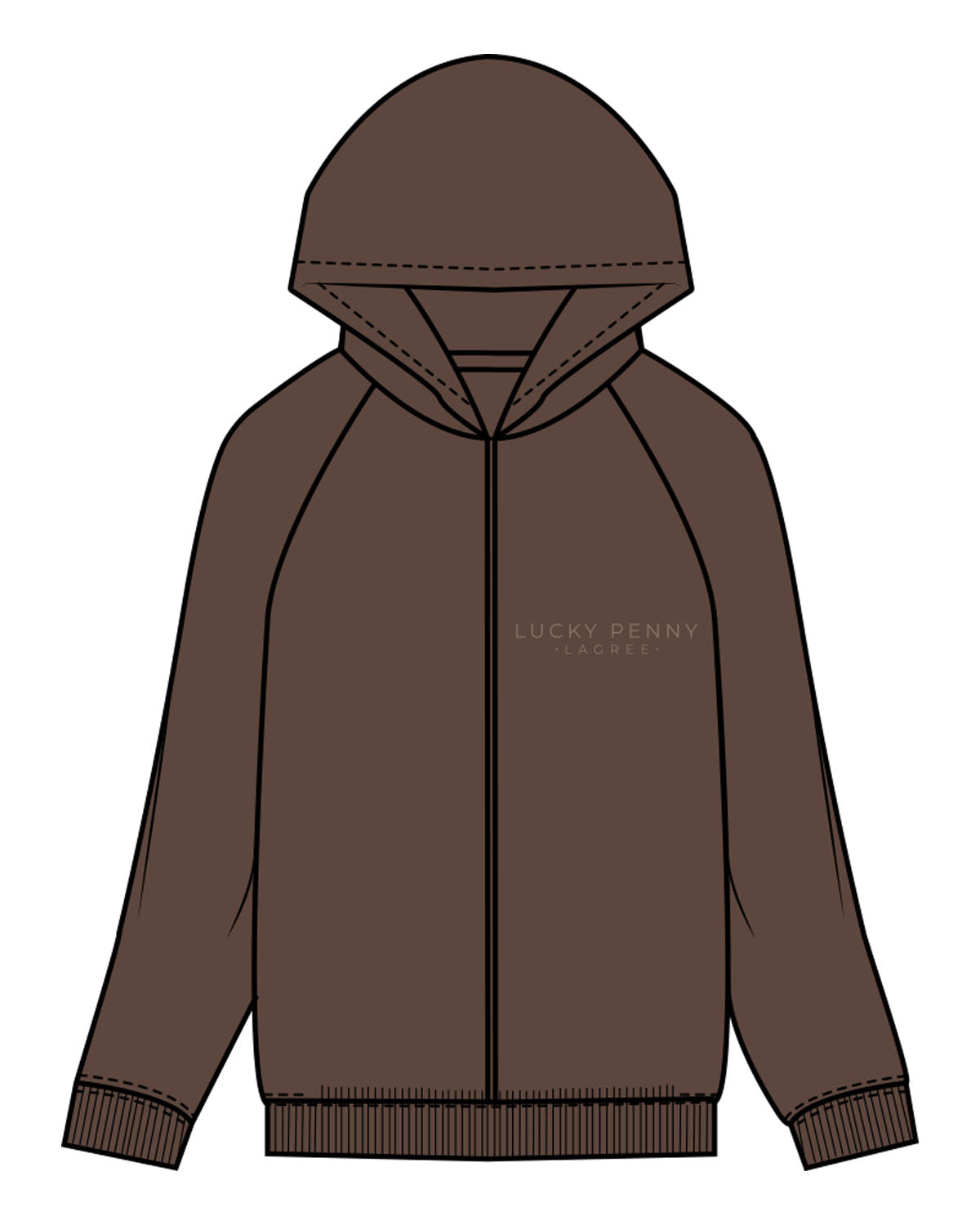 The Recycled Unisex Zip Hoodie - Brown - Lucky Penny - Left Chest & Back Stacked - Printed - Walnut