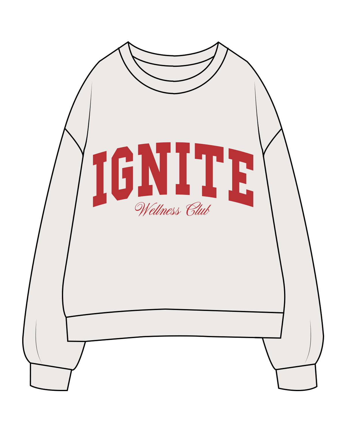 The Womens Crewneck - Bone - Ignite Barre & Fitness - Center Chest Stacked - Red Printed