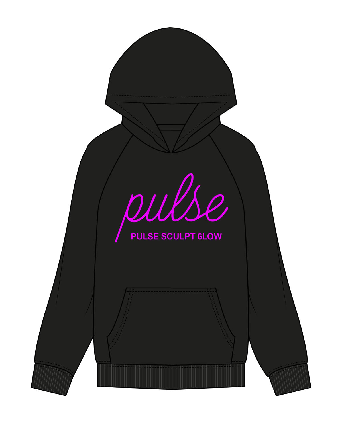 The Womens Hoodie - Black - Pulse Sculpt Glow - Center Chest Stacked - Printed - Purple