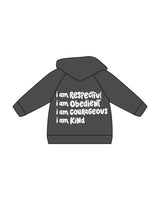 The Kids Midweight Hoodie - Washed Black - Raising Rock - Center Chest & Center Back Stacked - White Flat