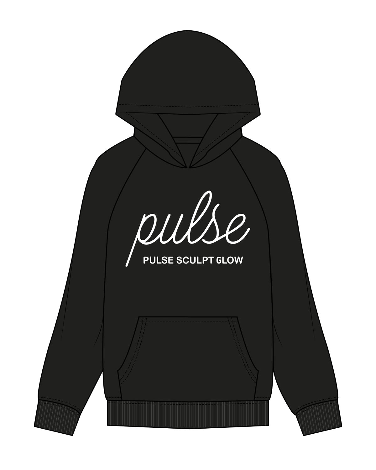 The Womens Hoodie - Black - Pulse Sculpt Glow - Center Chest Stacked - Printed - White