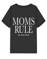 The Womens Heavyweight Tee - Washed Black - New Mom School - Left Chest Stacked & Center Back Stacked "MOMS RULE" - White