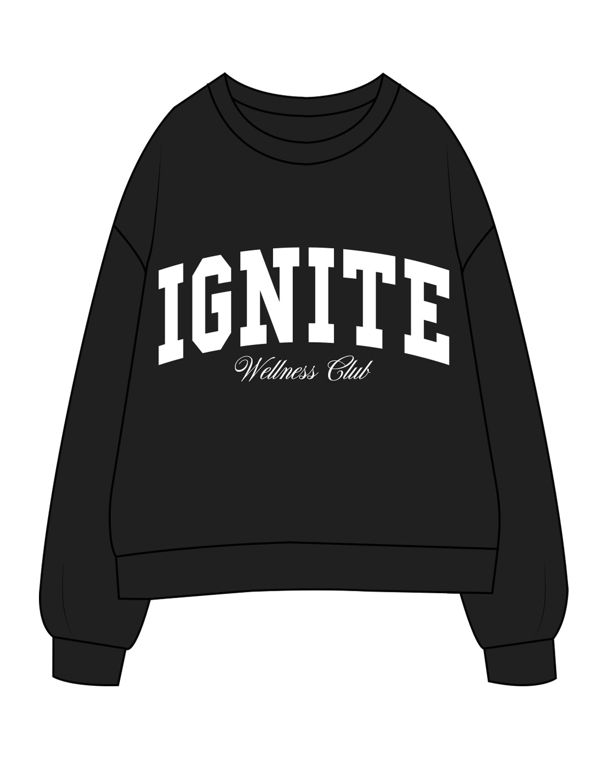 The Womens Crewneck - Black - Ignite Barre & Fitness - Center Chest Stacked - White Printed