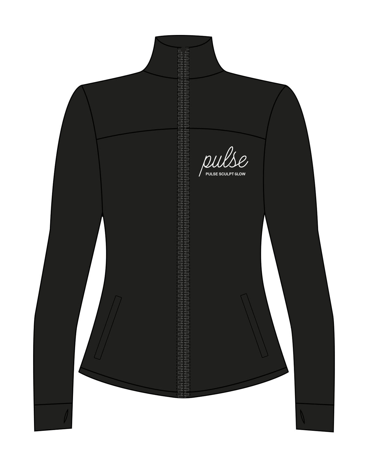 The Womens Zip Jacket - Black - Pulse Sculpt Glow - Left Chest Stacked - Printed - White