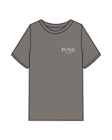 The Womens Heavyweight Tee - Washed Gray - Pose Pilates - Left Chest Stacked & Back Center - Off White