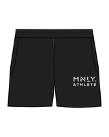 The Womens Sweat Shorts - Black - MNLY - Left Leg Near Pocket Stacked - Embroidered - White
