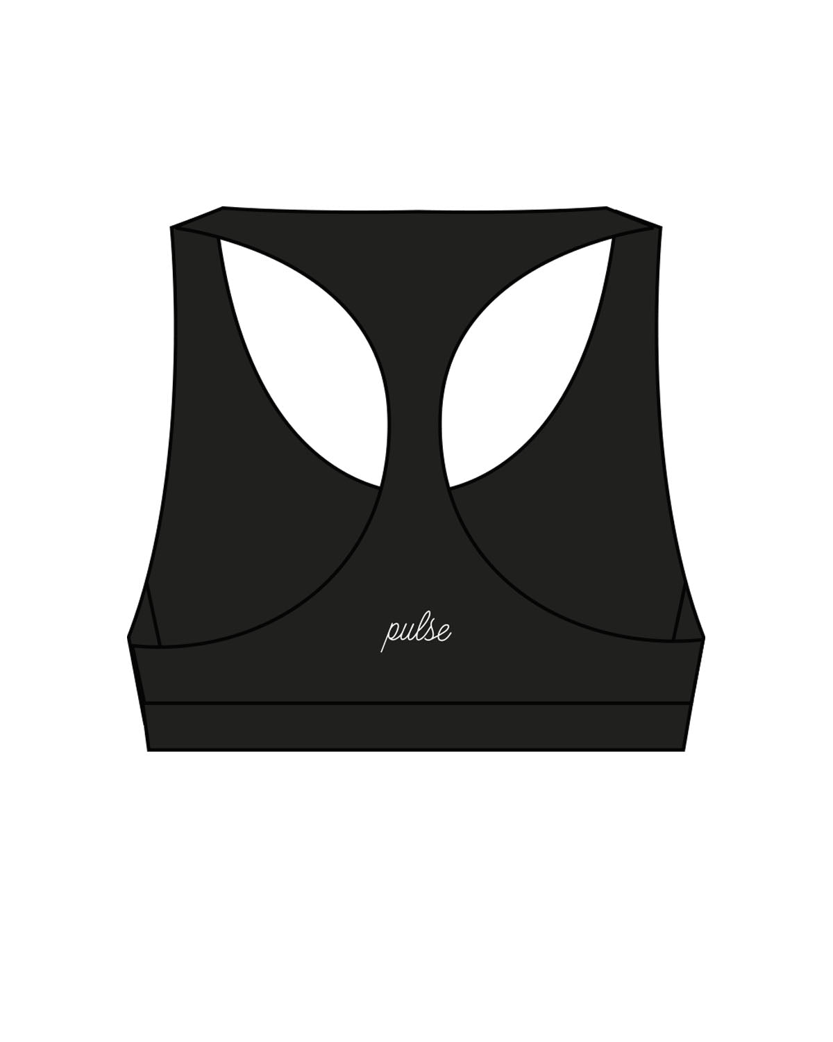 The Racer Bra - Black - Pulse Sculpt Glow - Center Chest & Center Back Script - Printed - White