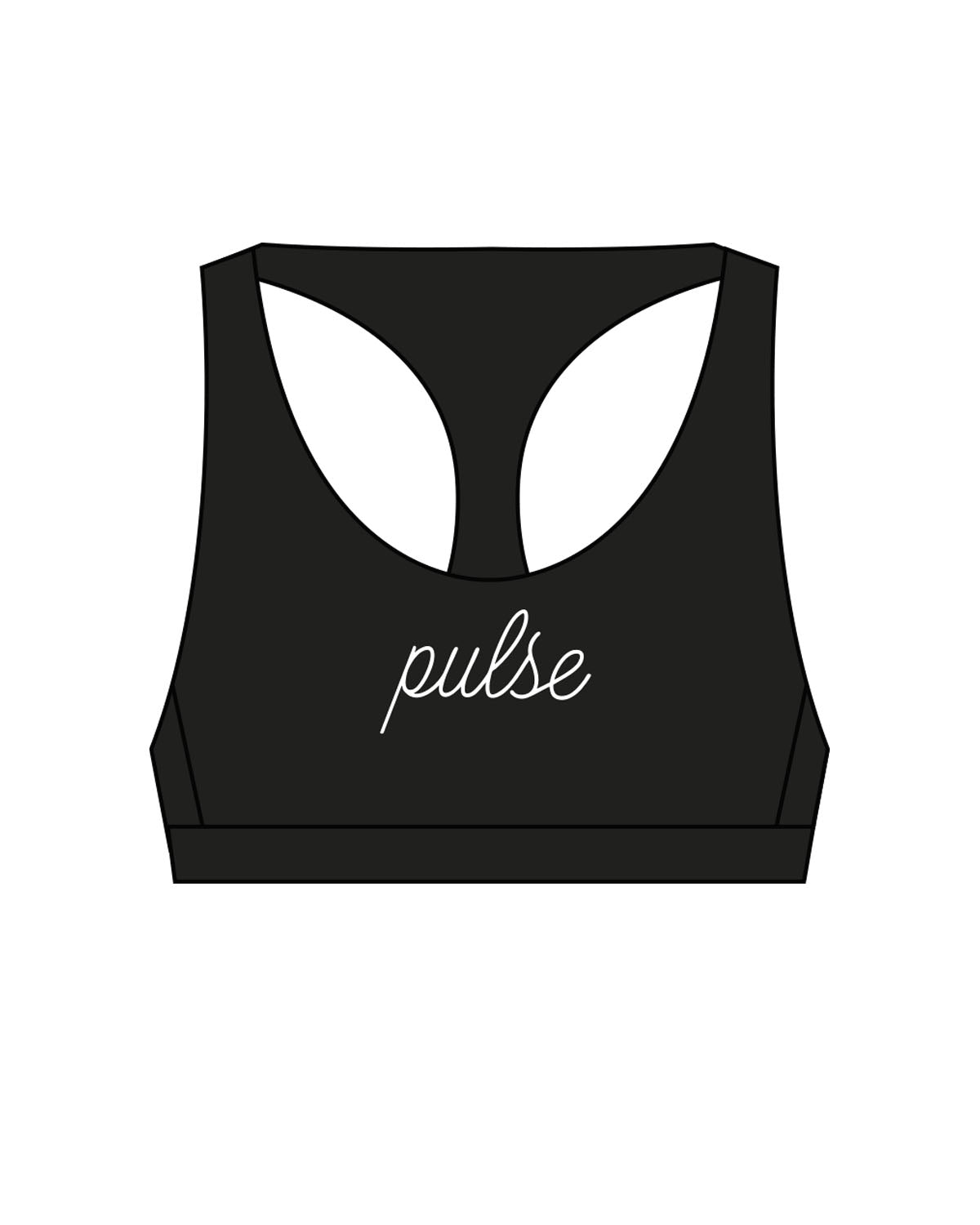 The Racer Bra - Black - Pulse Sculpt Glow - Center Chest & Center Back Script - Printed - White