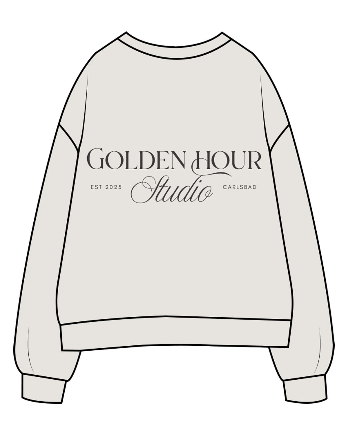 The Womens Crewneck - Washed Bone - Golden Hour Pilates - Center Chest - Back Stacked - Printed - Washed Black