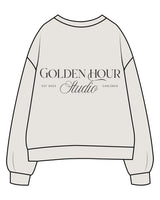 The Womens Crewneck - Washed Bone - Golden Hour Pilates - Center Chest - Back Stacked - Printed - Washed Black