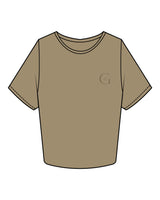 The Crop Tee - Sand - GlowPilates - Left Chest "G" & Center Back Stacked - Printed - Tone on Tone