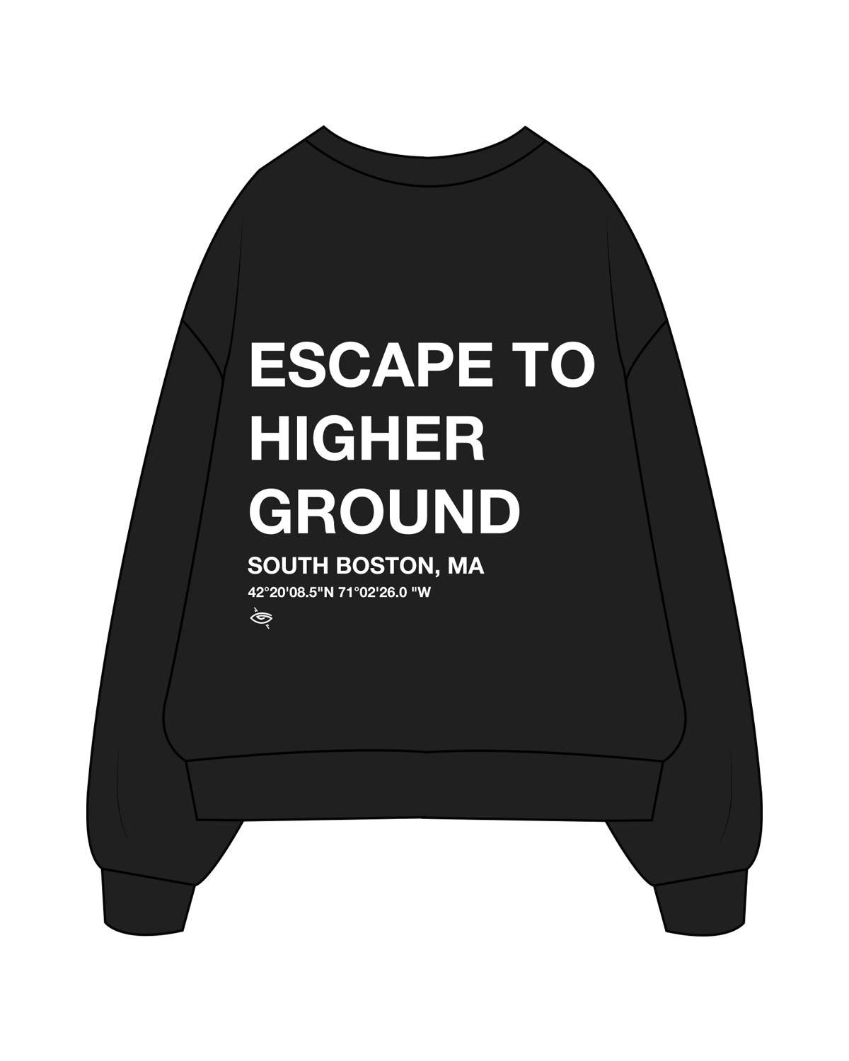 The Womens Crewneck - Black - Higher Ground - Center Chest & Back Stacked - White