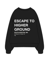 The Womens Crewneck - Black - Higher Ground - Center Chest & Back Stacked - White
