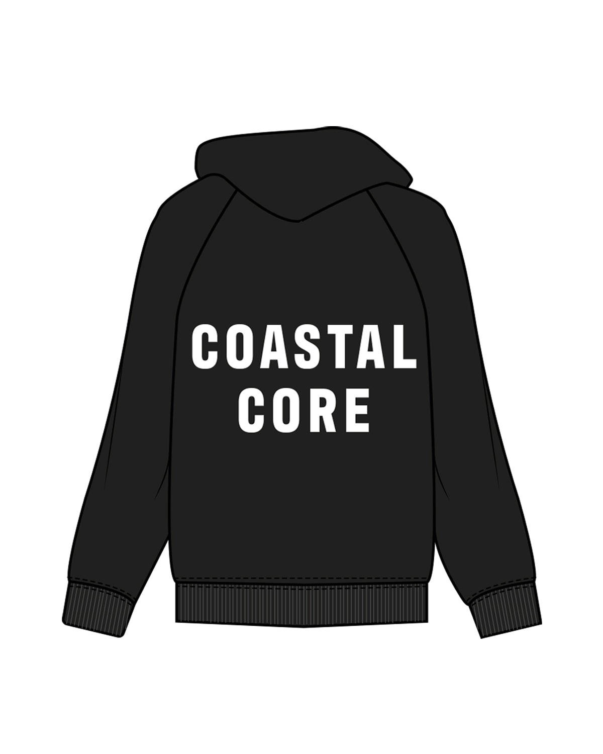 The Womens Zip Hoodie - Black - Coastal Core - Left Chest - Moon - Icon - Back Center Stacked - White