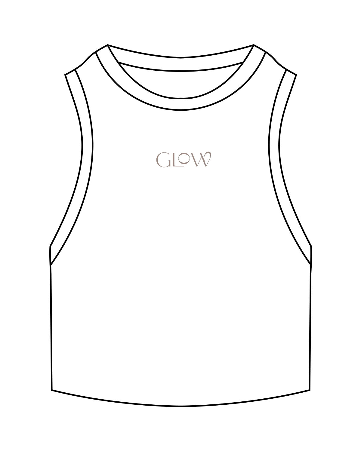 The Ribbed Crop Tank - White - GlowPilates - Center Chest "GLOW" - Embroidered - Brown
