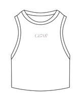 The Ribbed Crop Tank - White - GlowPilates - Center Chest "GLOW" - Embroidered - Brown