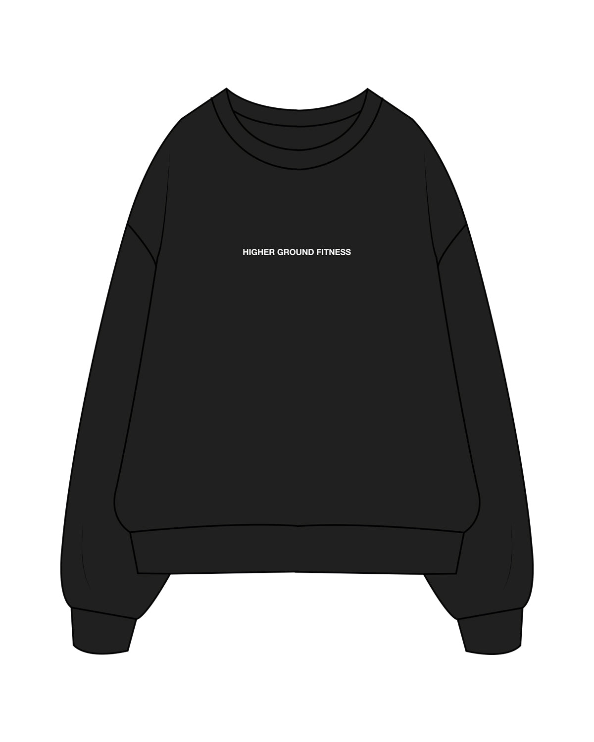 The Womens Crewneck - Black - Higher Ground - Center Chest & Back Stacked - White