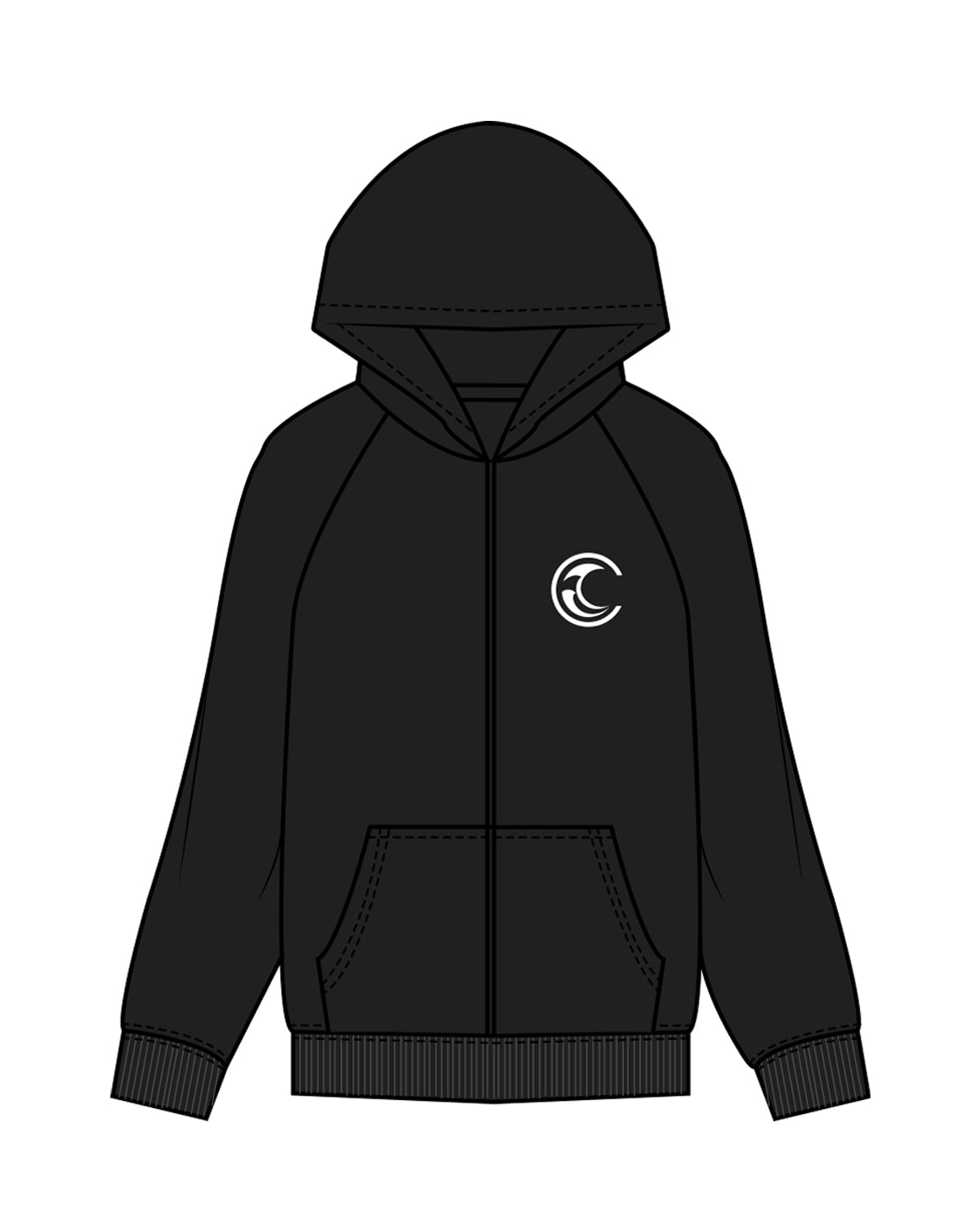 The Womens Zip Hoodie - Black - Coastal Core - Left Chest - Moon - Icon - Back Center Stacked - White