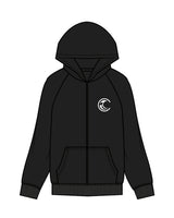 The Womens Zip Hoodie - Black - Coastal Core - Left Chest - Moon - Icon - Back Center Stacked - White