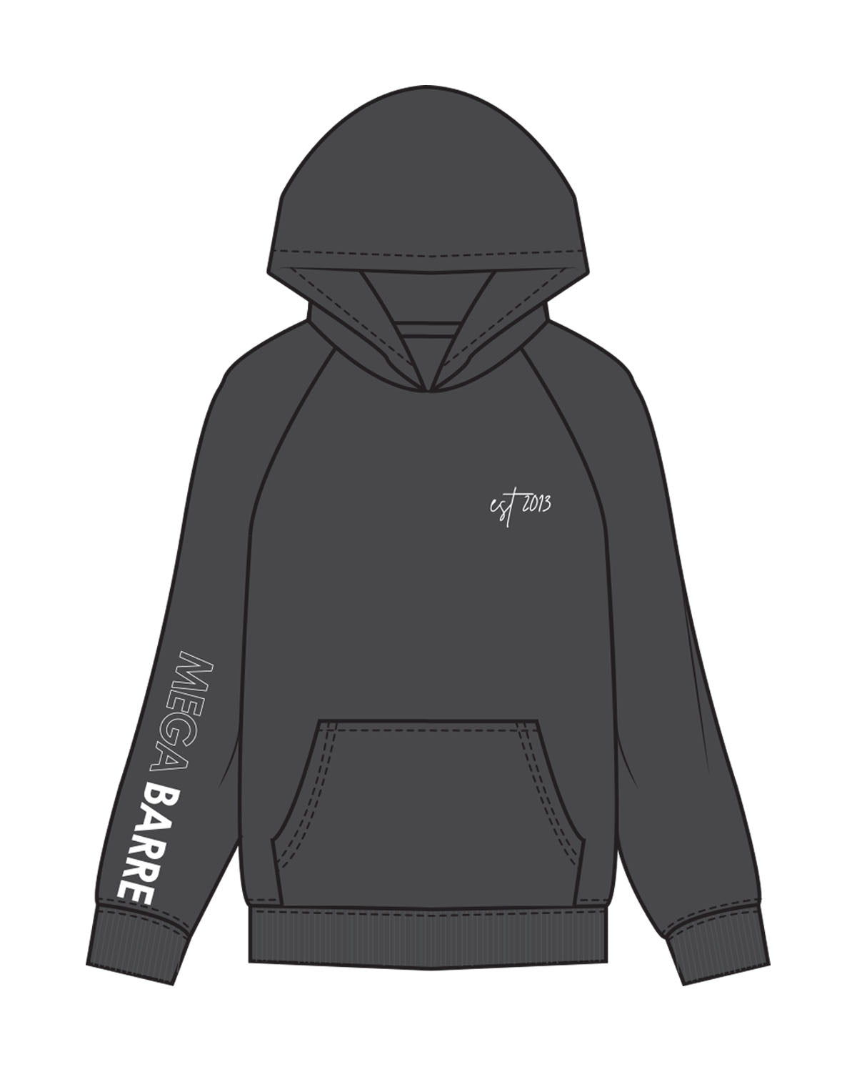 The Womens Hoodie - Washed Black - Megabarre - Left Chest & Right Sleeve - Printed - White