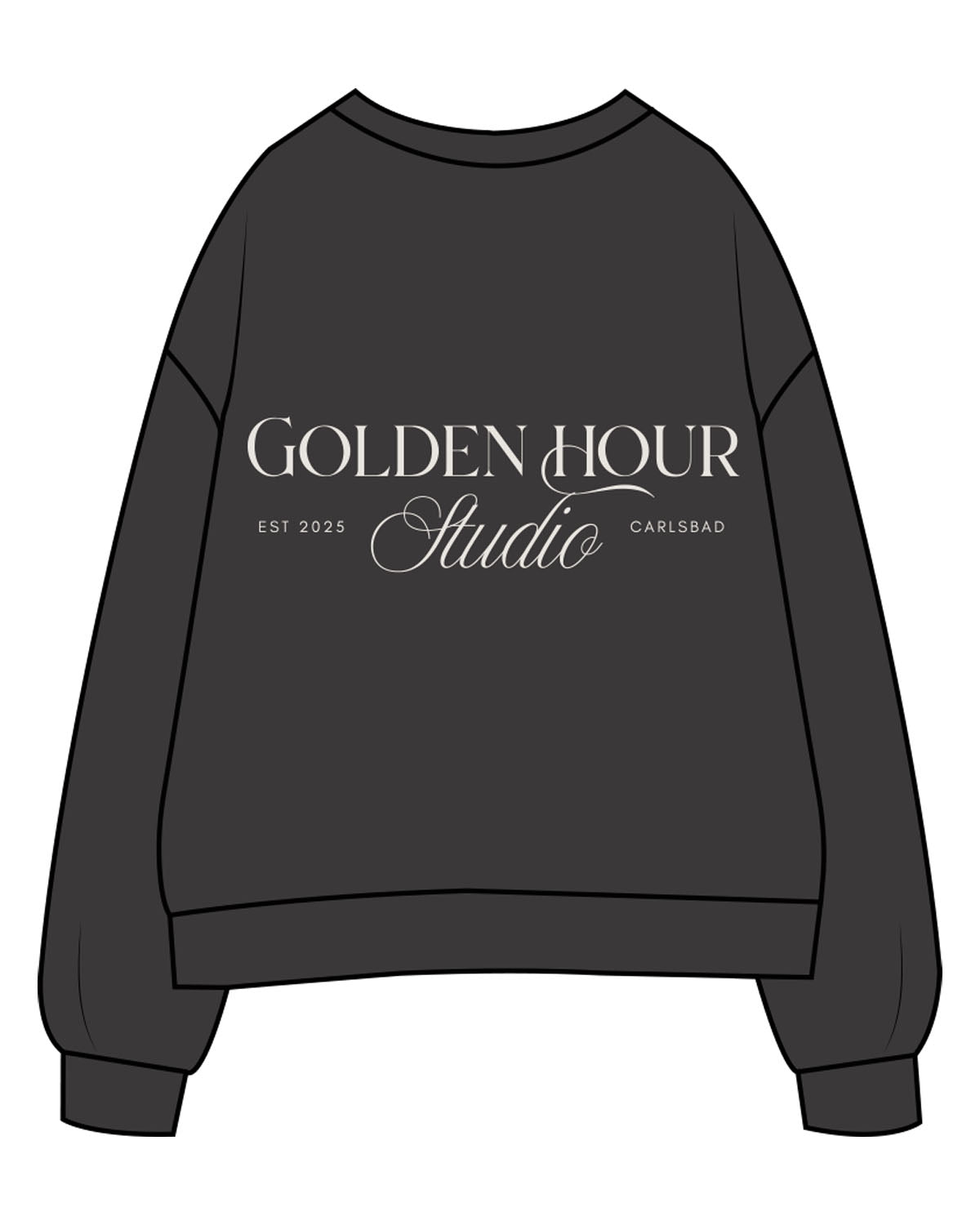The Womens Crewneck - Washed Black - Golden Hour Pilates - Center Chest - Back Stacked - Printed - Washed Bone