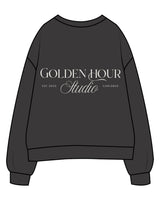 The Womens Crewneck - Washed Black - Golden Hour Pilates - Center Chest - Back Stacked - Printed - Washed Bone