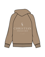 The Mens Hoodie - Sand - Christian Singles Hub - Left Chest & Center Chest Stacked - Printed - White