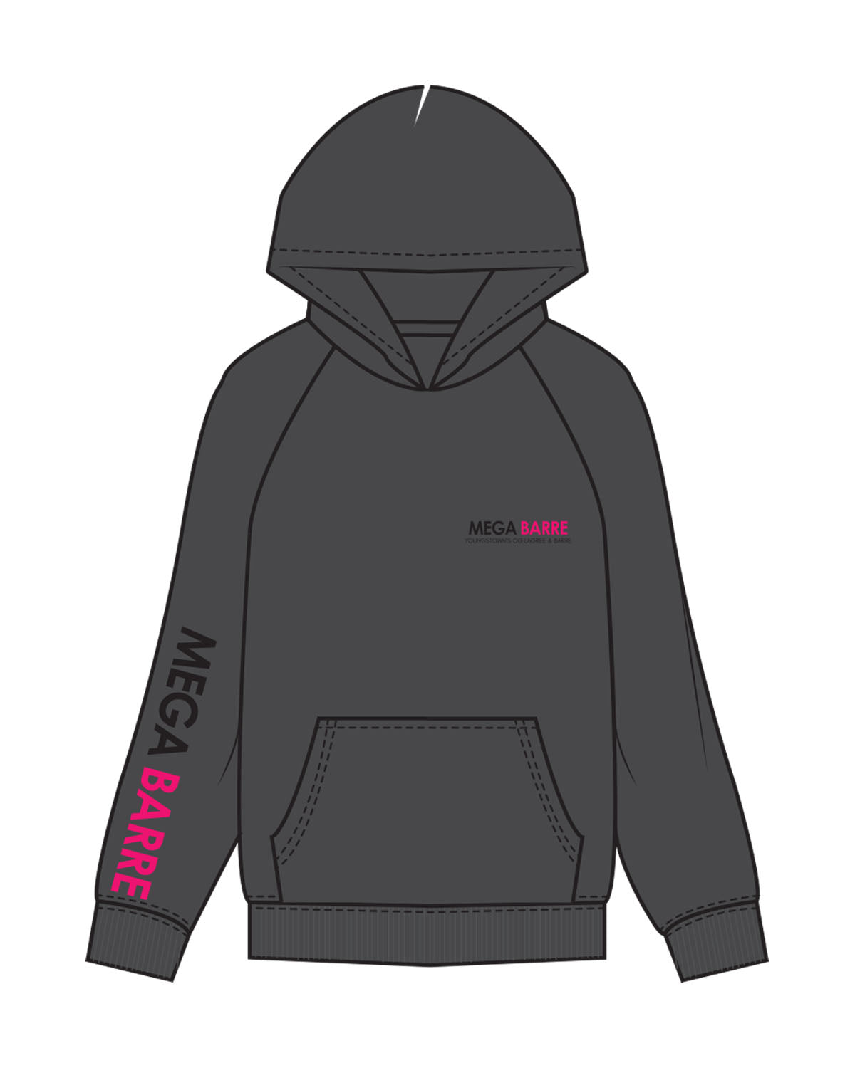 The Womens Hoodie - Washed Black - Megabarre - Left Chest & Right Sleeve - Printed - Black/Pink