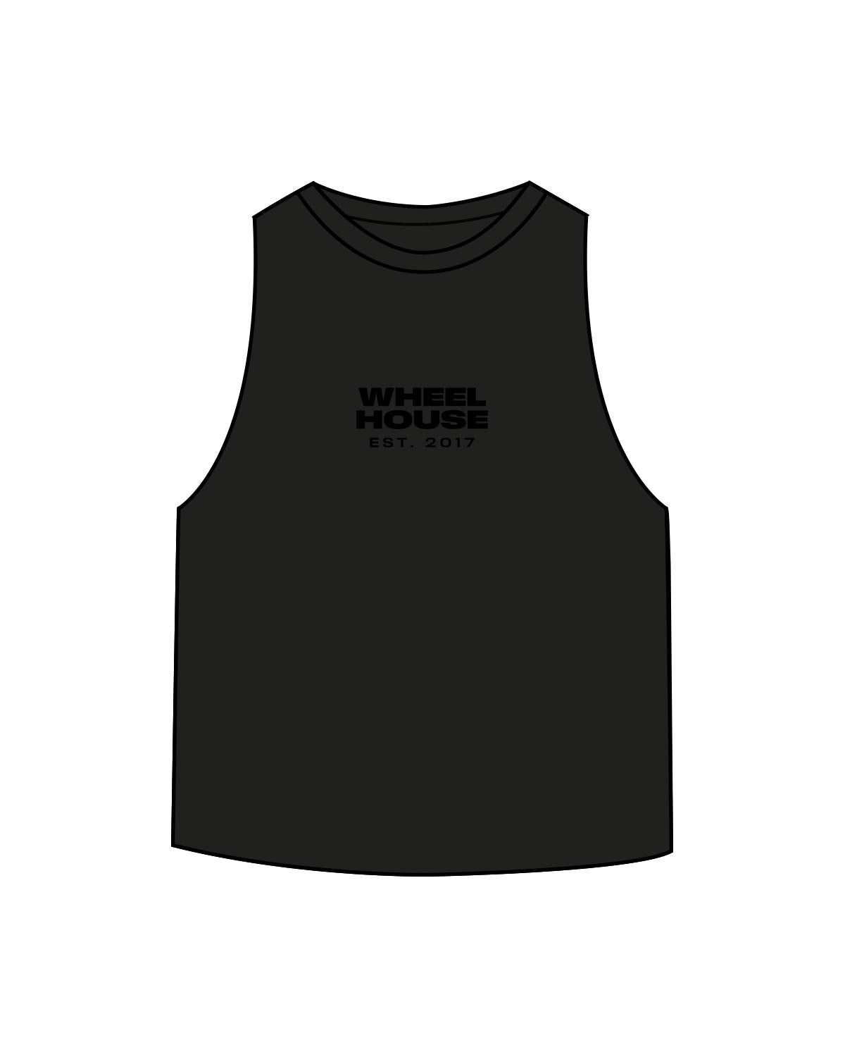 The Crop Muscle Racerback - Black - Wheel House NY - Center Chest Stacked & Back Spine - Printed - Tone on Tone