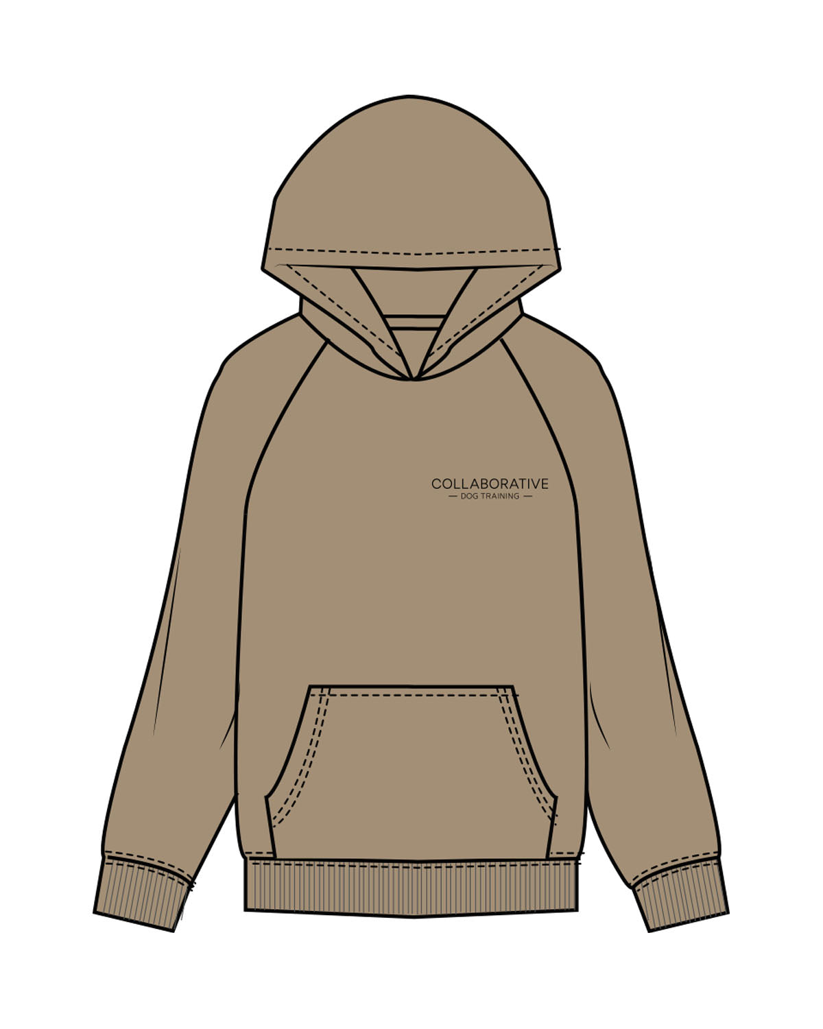 The Mens Hoodie - Sand - Collaborative Dog - Left Chest Stacked & Back Stacked - Full Color