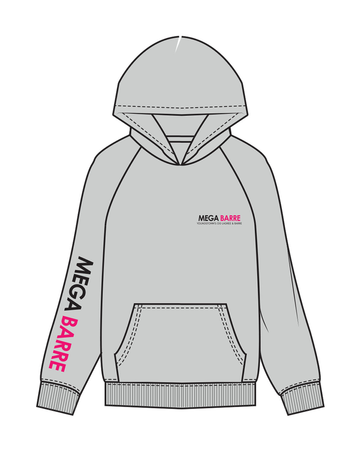 The Womens Hoodie - Storm - Megabarre - Left Chest Stacked & Right Sleeve - Printed - Black/Pink
