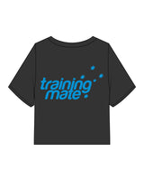 The Heavyweight Crop Tee - Washed Black - Training Mate - Left Chest & Center Back Stacked - Printed - Blue