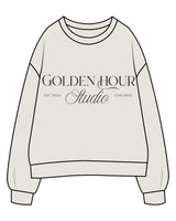 The Womens Crewneck - Washed Bone - Golden Hour Pilates - Chest Stacked - Back Neckline - Printed - Washed Black