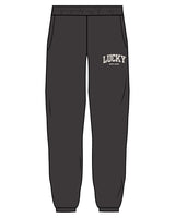 The Mens Sweatpants - Washed Black - Lucky Penny - Left Leg - Printed - Cream