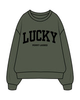 The Mens Crewneck - Cypress - Lucky Penny - Center Chest Arc Stacked - Printed - Black