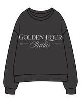 The Womens Crewneck - Washed Black - Golden Hour Pilates - Chest Stacked - Back Neckline - Printed - Washed Bone