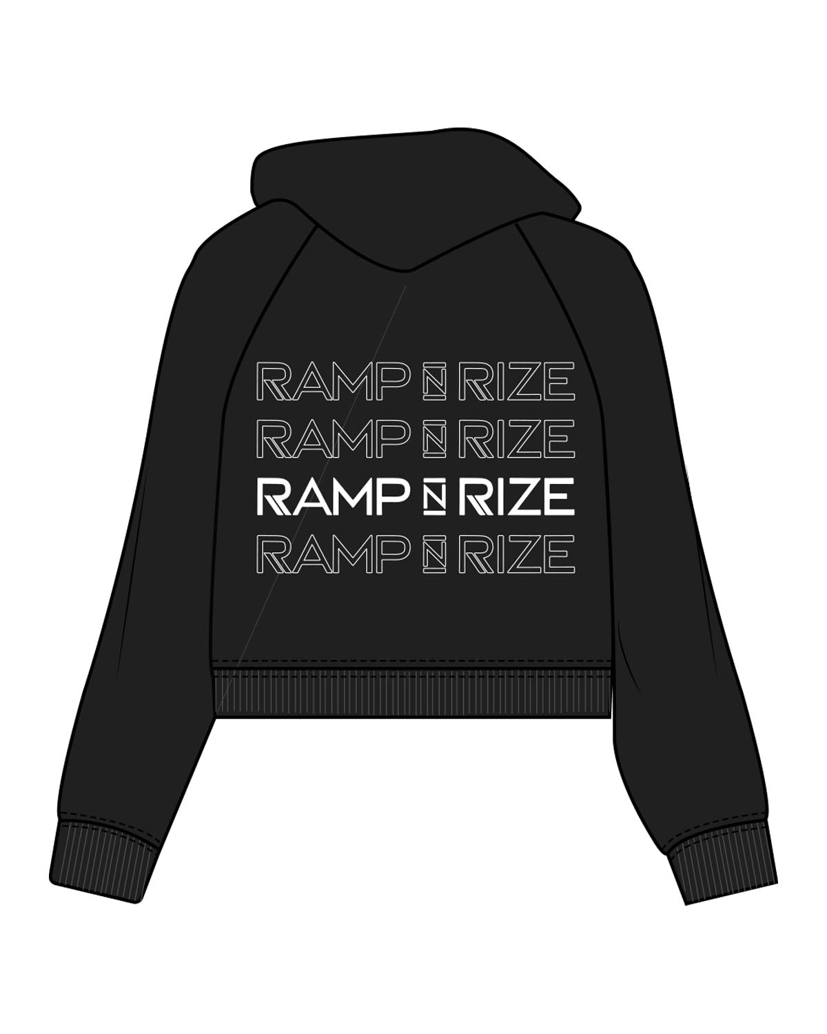 The Womens Crop Hoodie - Black - Ramp N Rize - Center Chest & Back Stacked - White