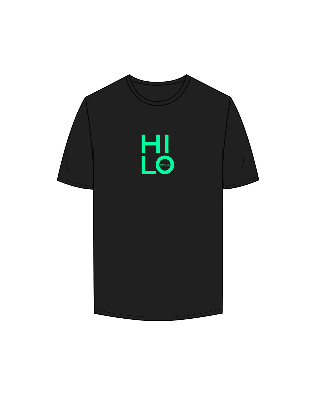 The Womens Tee - Black - Hilo House - Center Chest Stacked - Full Color - #00ffa3