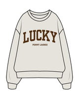The Mens Crewneck - Washed Bone - Lucky Penny - Center Chest Arc Stacked - Printed - Rust