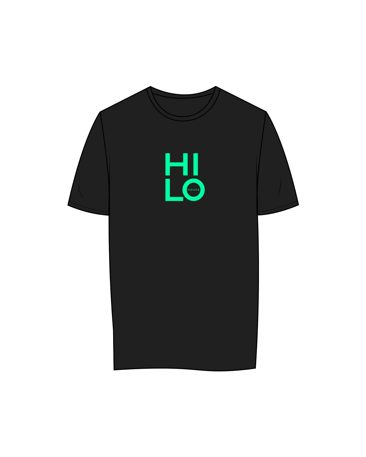The Mens Tee - Black - Hilo House - Center Chest Stacked - Full Color - #00ffa3