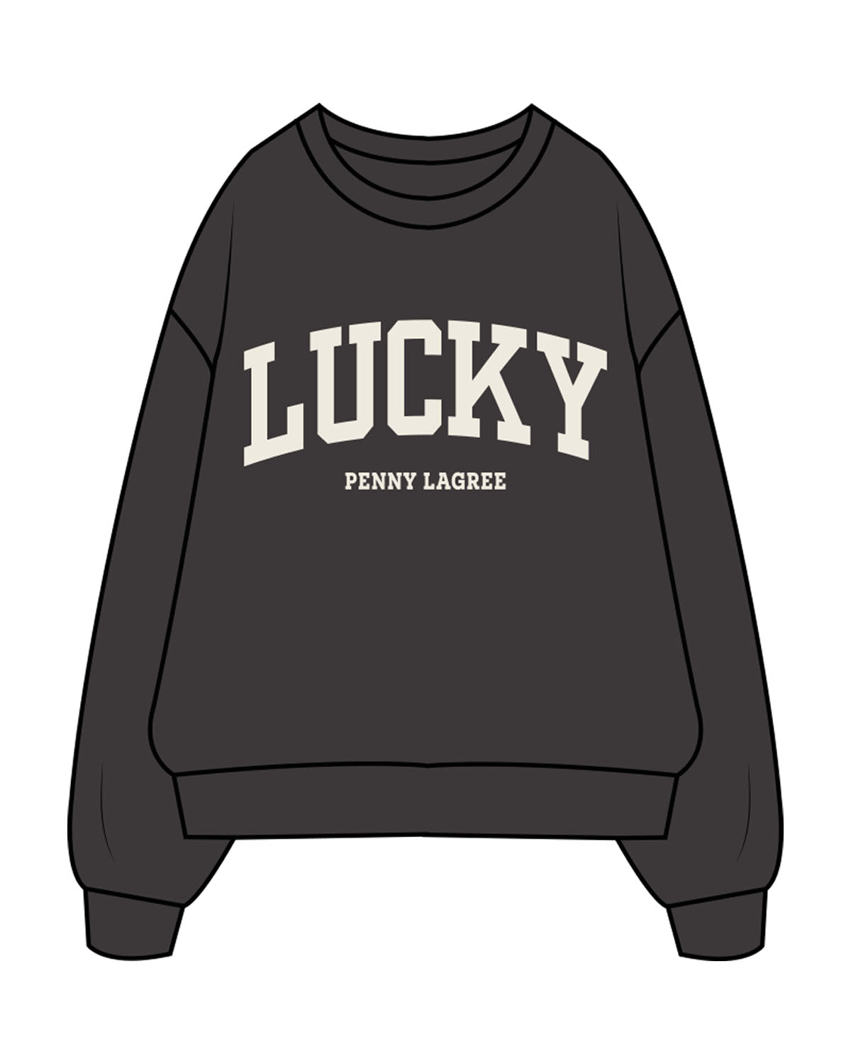 The Mens Crewneck - Washed Black - Lucky Penny - Center Chest Arc Stacked - Printed - Cream